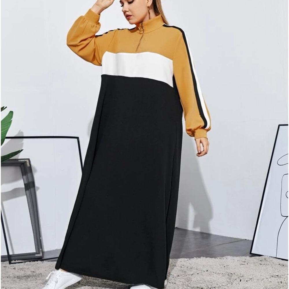 Plus Size Color Block Stripe Long Cuff Sleeve Maxi Dress - Picture 4 of 11